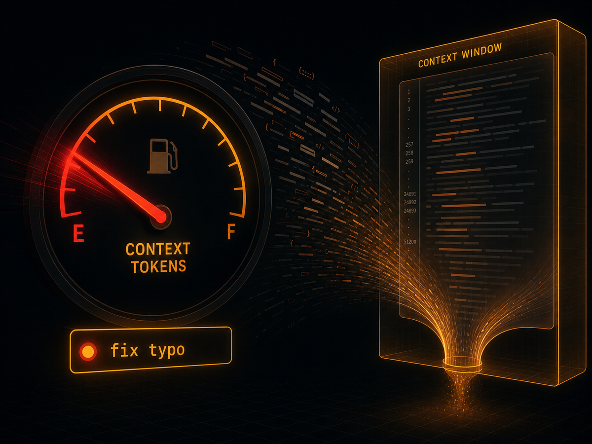 Token meter draining rapidly with a tiny fix-typo task label beside it, codebase being vacuumed into context window