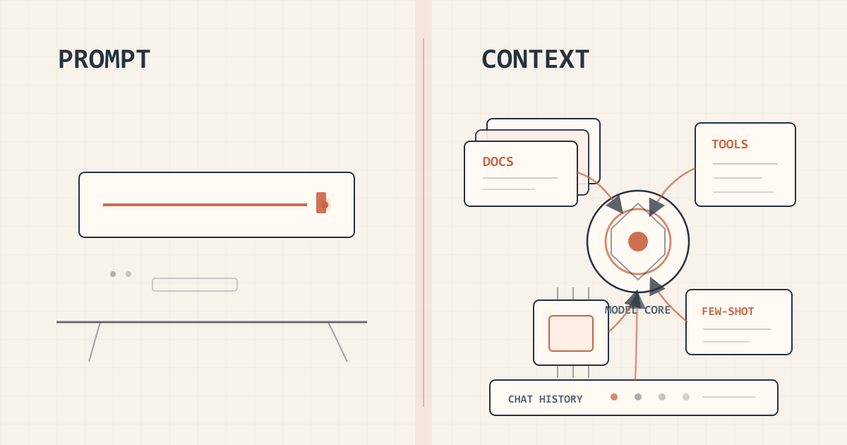 Prompt engineering versus context engineering, illustrated as two workbenches