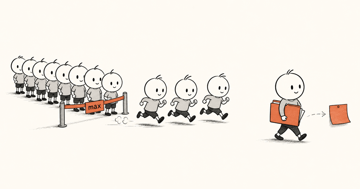 A row of identical helper figures lined up at a race start line; only three have set off while the rest wait behind a barrier marked "MAX". Off to the side, one lone helper walks away alone carrying a big folder.