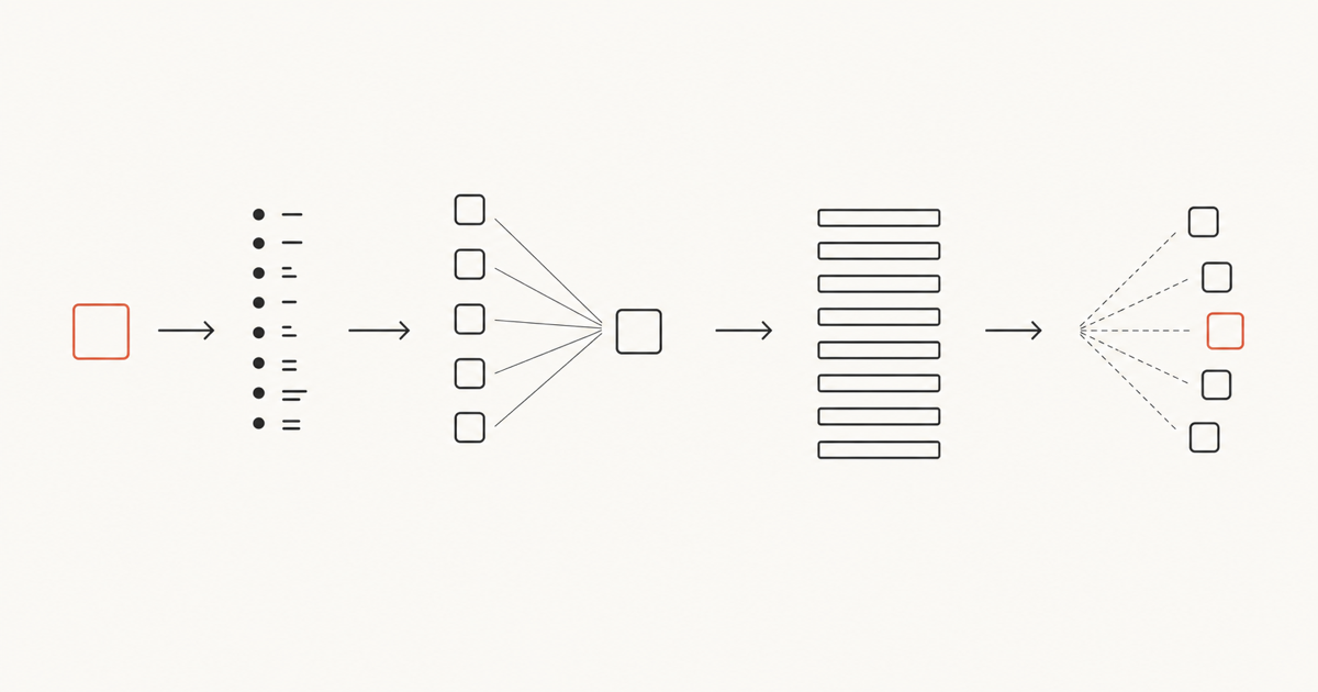 Four-step flow diagram: token turning to embedding dots, attention lines to prior tokens, stacked transformer layers, prediction fan of blocks, flat illustration